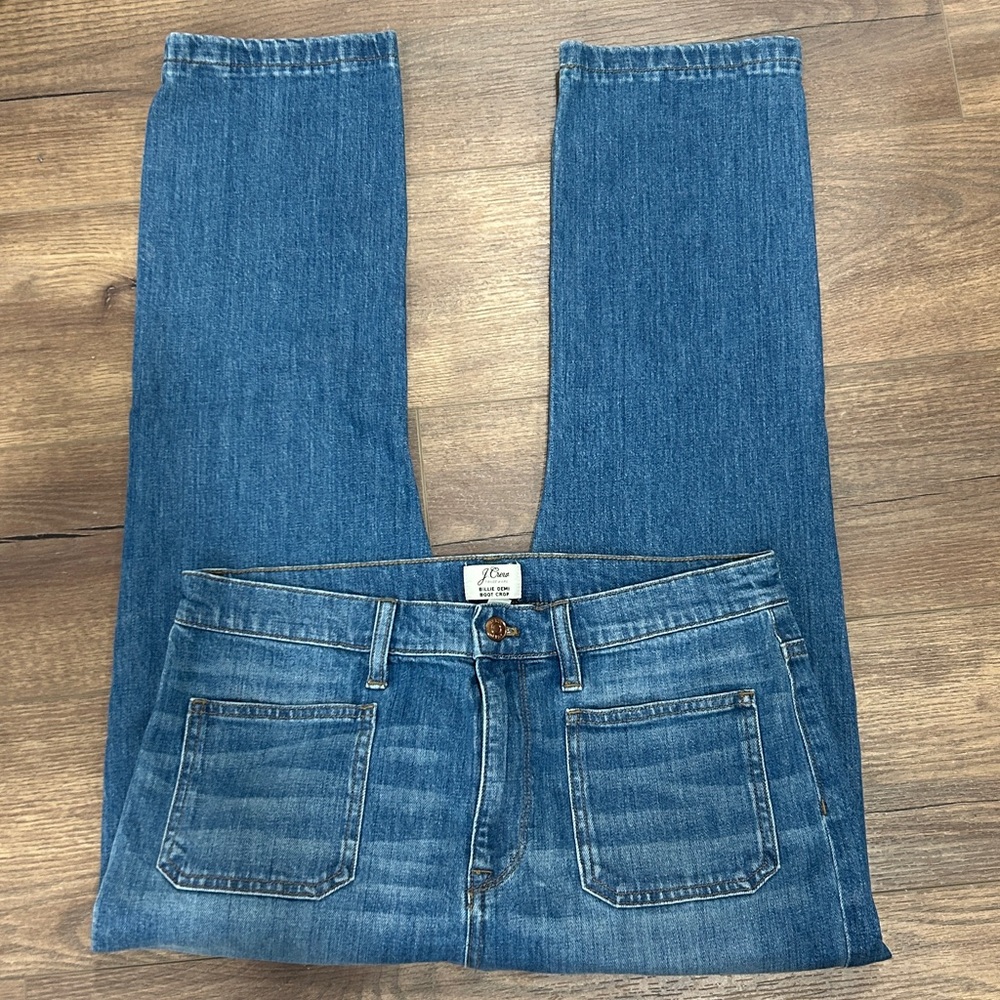 J.Crew Billie Demi boot front patch pocket boho denim blue jeans size 32 - Picture 2 of 5